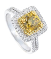 Striking Ladies 18K Engagement of Dinner Ring Centered with a 1.2 Carat Fancy Greenish Yellow Diamond