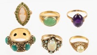 Six Vintage Ladies Rings with a Lot of Appeal for Today. Opals, Turquoise, Jade, Amythest, Shell Cameo and Pearl
