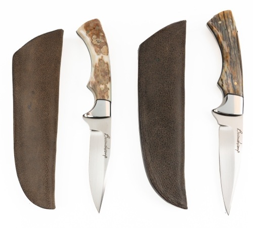 Pair of Exceptional Fixed Blade Knives by Beauchamp with Extremely Handsome Scales and Deerskin Leather Sheaths