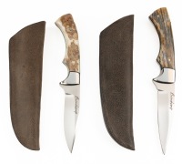 Pair of Exceptional Fixed Blade Knives by Beauchamp with Extremely Handsome Scales and Deerskin Leather Sheaths