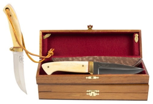 S. Mackrell Custom Knives, South Africa, Matching Hunting and Skinning Knives with Buffalo Hide Each in Wood Presentatio