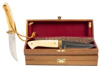S. Mackrell Custom Knives, South Africa, Matching Hunting and Skinning Knives with Buffalo Hide Each in Wood Presentatio
