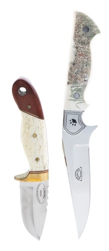 Handsome Dave Kauffman Knife with Leopard Scrimshaw Scene on Mammoth Tusk plus Utitlity Knife by S. Mackrill