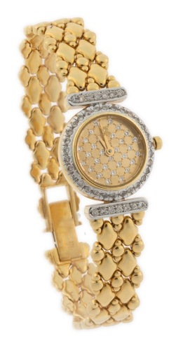 Ladies Beautiful 18K Yellow Gold and Diamond Wristwatch with Diamond Bezel, Studded Diamond Face and Studded Spring Bar