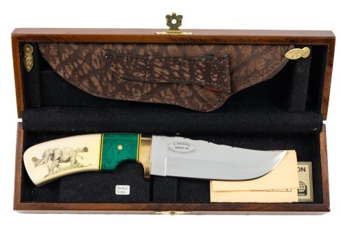 Very Handsome Heavy Duty Hunting Knife by S. Mackrill & Son having Beautiful Scrimshaw of Elephants on Hippo Tooth Scale