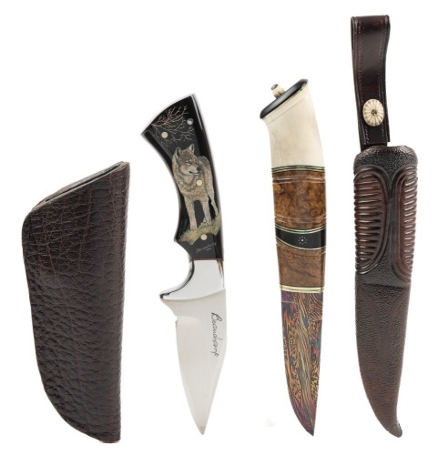 Pair of Interesting Knives: One by Ga&Atilde;&copy;tan Beauchamp with Incredible Reverse Scrimshaw on Water Buffalo Horn, A Fixed Bla