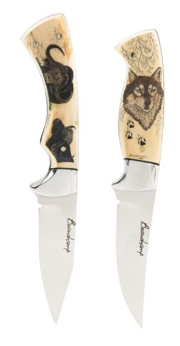 Pair of Beautiful Beauchamp Knives Each Having Stunning Images in Scrimshaw on Fossilized Mammoth Tusks
