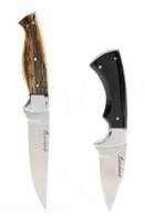 Two Ga&Atilde;&copy;tan Beauchamp Fixed Blade Knives: Water Buffalo Horn and Fossilized Mammoth with Deer Skin and Leather Sheaths
