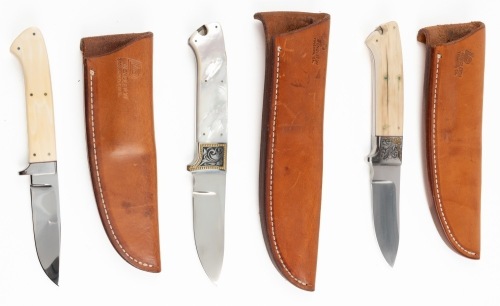 Three (3) Fixed Blade Knives from Pendleton, Volcano, Ca. Each with Leather Sheaths