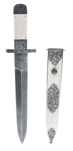 Charles Weiss Ceremonial Presentation Dagger with Excellent Engravings on the Scabbard and Handle with a Damascus Steel