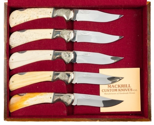 S. Mackrill & Son, Johannesburg Set of Five Collector's Knives with Engraved Heads & Paw Prints of Animals Found in the