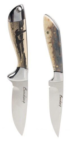 Pair of Ga&Atilde;&copy;tan Beauchamp Fixed Blade Knives. Scrimshaw Phenolic of a Pair of Killer Whales the other Petrified Mammoth T