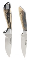Pair of Ga&Atilde;&copy;tan Beauchamp Fixed Blade Knives. Scrimshaw Phenolic of a Pair of Killer Whales the other Petrified Mammoth T