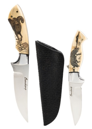 Pair of Scrimshaw Carved Scales on Mammoth Tusk from Celebrated Knife Maker Ga&Atilde;&copy;tan Beauchamp: A Ram and a Wolfe