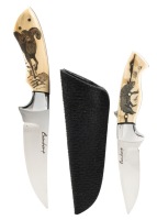 Pair of Scrimshaw Carved Scales on Mammoth Tusk from Celebrated Knife Maker Ga&Atilde;&copy;tan Beauchamp: A Ram and a Wolfe