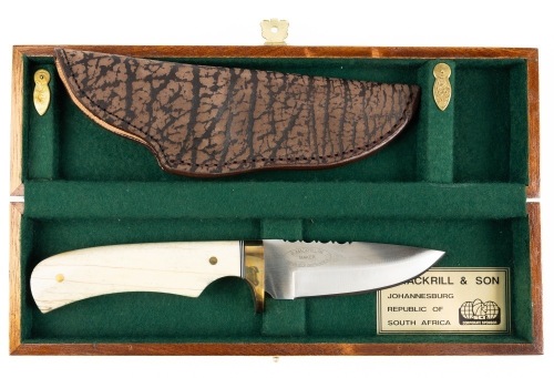 S. Mackrill & Son Fixed Blade Knife. Scales in Highly Polished Bone with a Buffalo Hide Sheath