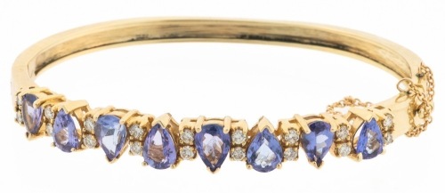 Ladies 14K Yellow Gold, Tanzanite and Diamond Hinged Bracelet
