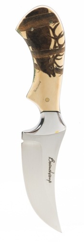 Superior Beauchamp Skinning Knife with Mammoth Scales and Scrimshaw of Elk in Trees.