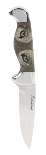 Ga&Atilde;&copy;ton Beauchamp Hunting Knife with Striking Reverse Scrimshaw of the Eyes of a Puma in Water Buffalo Horn and Hide