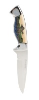Unusual Beauchamp Hunting Knife in that Scrimshaw Flying Ducks over a Lake Engraved on Horn Scales instead of Mammals