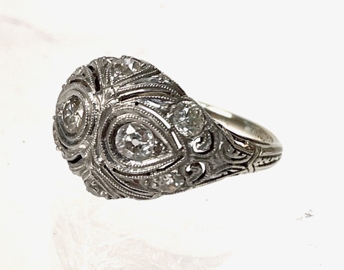 Antique Ladies 14K Yellow Gold with Two Old Mine Cut Diamonds at Center. Hallmarked Peacock for C.D. Peacock Founded in