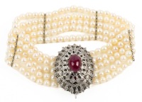 Pearl Bracelet with 10K White Gold Oversized Clasp Centered with a Mud Ruby Cabochon.
