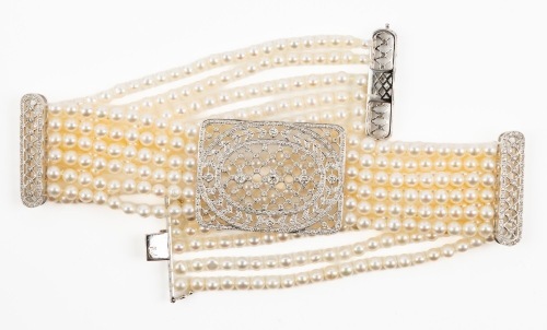 Beautiful 18K White Gold Choker with Diamonds and Pearls