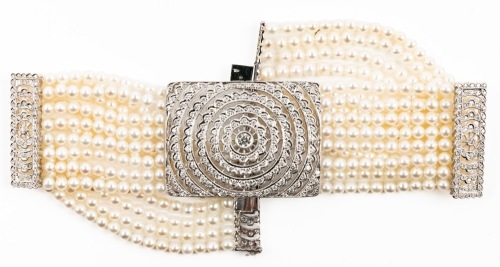 Magnificent Diamond and Pearl Choker with a .42 Carat Diamond surrounded by 60+ Bright White Accent Diamonds