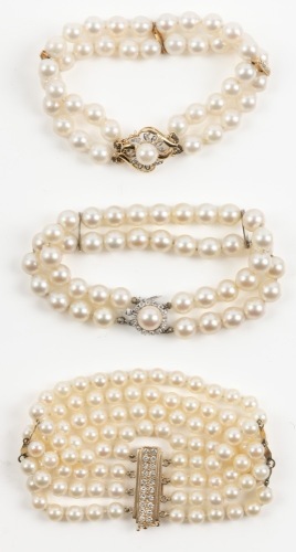 Three Pearl Bracelets for the Lady. All in Superior Condition with Each Having Jeweled Diamond Clasps in 14K Yellow or W