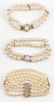 Three Pearl Bracelets for the Lady. All in Superior Condition with Each Having Jeweled Diamond Clasps in 14K Yellow or W