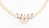 Lovely Necklace of Graduated, Lustrous White Pearls with a 7 Pearl Array in the Centerpiece with a Bright Polish Finish