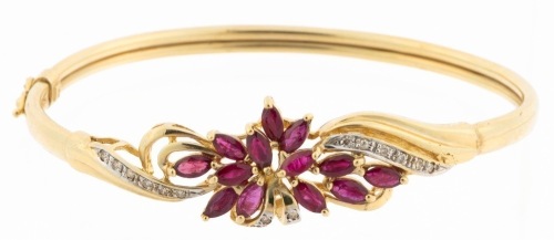 Extremely Fine Ladies 14K Yellow Gold Ruby and Diamond Bracelet in an Exquisite Foliate Design
