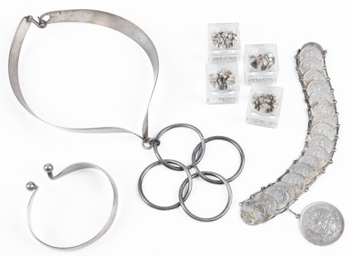 Collection of Mexican and Spanish Silver: Very Unusual Necklace & Cuff, 20 Centavos Bracelet with One Peso Coin and Silv