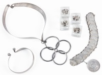 Collection of Mexican and Spanish Silver: Very Unusual Necklace & Cuff, 20 Centavos Bracelet with One Peso Coin and Silv