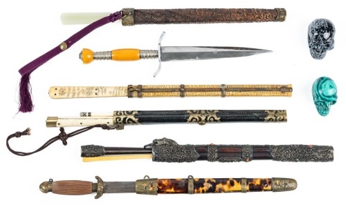 Three (3) 19th Century Chinese or Mongolian/Manchu Traveling Trousse Sets Containing a Knife and Chopsticks in Ornate Sc