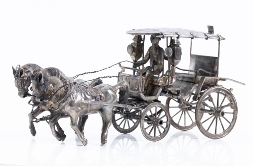800 Egyptian Silver, Miniature, Late 19th Century Coach Pulled by Two Horses