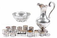 Collection of Sterling Silver Pieces: Ewer, Bowl and 13 Napkin Rings Plus Four in 800 Silver