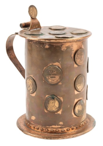 19th Century Large Copper Coined Beer Stein, Handmade, Riveted and Decorated with Authentic Bronze Coins
