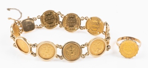 Outstanding Ladies Coin Bracelet and Ring. Nine (9) Two Peso Gold Coins with 14K Yellow Gold Links and Clasp + a 2 Peso