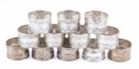 Twelve (12) Matching Sterling Silver Napkin Rings with Two Rows of Foliate Designs