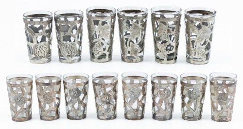 Fourteen Beautiful Shot Glasses with Striking Sterling Silver Overlay