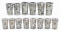 Fourteen Beautiful Shot Glasses with Striking Sterling Silver Overlay