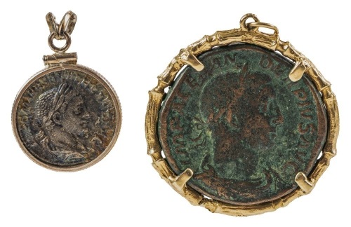Two Ancient Roman Coin Pendants: Bronze Coin in Heavy 14K Yellow Gold Bezel plus Smaller Coin Set in Sterling Silver FIN