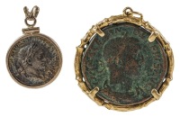 Two Ancient Roman Coin Pendants: Bronze Coin in Heavy 14K Yellow Gold Bezel plus Smaller Coin Set in Sterling Silver FIN