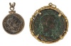 Two Ancient Roman Coin Pendants: Bronze Coin in Heavy 14K Yellow Gold Bezel plus Smaller Coin Set in Sterling Silver FIN