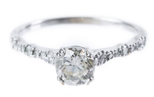 Fine Ladies Engagement Ring Centered with a High Profile Prong.75 Carat Brilliant Cut Natural Diamond in 14K White Gold