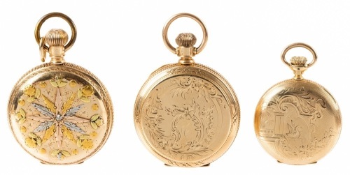 Three Ladies 14K Yellow Gold Pocket Watches all in Hunter Style Cases.