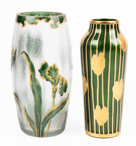Mont Joy Green and Gilt Vase and Legras Clear Glass Chipped Ice Finished Vase Acid Etched and Gold Gilt Creating Irises