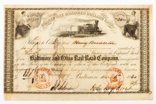 Johns Hopkins Signed Stock Certificate Dated 1860 Signed as Pro Tempore President of the Baltimore and Ohio Railroad Com
