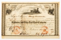 Johns Hopkins Signed Stock Certificate Dated 1860 Signed as Pro Tempore President of the Baltimore and Ohio Railroad Com